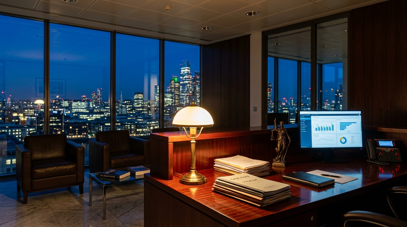 Modern law office at night — the after-hours intake gap